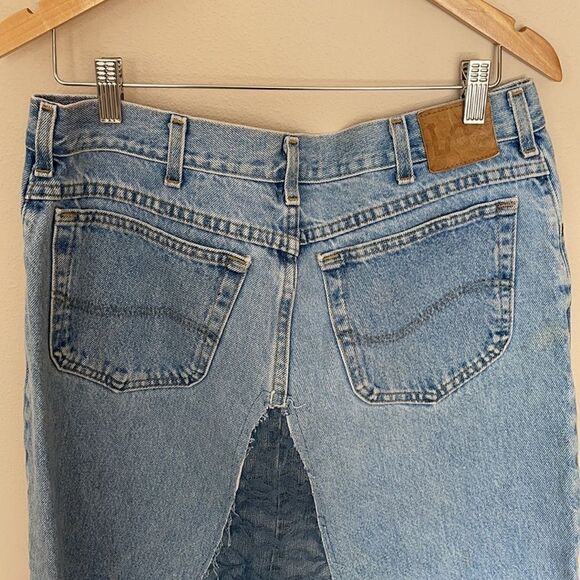 Vintage denim midi skirt re-worked size 12 light wash with lace - Picture 3 of 4